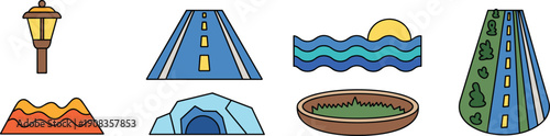 Geography and infrastructure illustration set, colorful terrain icons, abstract environmental design, road and landscape elements, educational and creative concept