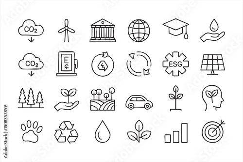 Sustainability ESG line icon collection, renewable energy and carbon reduction symbols