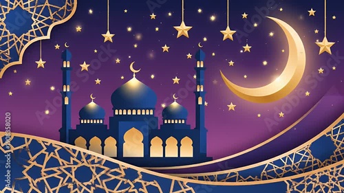 Ramadan Night Scene With Mosque Silhouette and Crescent Moon.