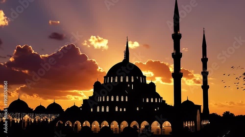 Sunset Silhouette of a Mosque with Birds in Flight.