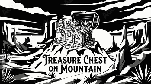 treasure chest containing gold coins antique jewelry and valuable artifacts positioned on mountain peak symbolizing wealth luxury discovery adventure mystery and hidden fortune