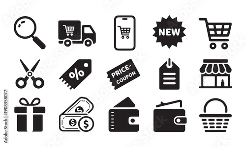 This vector set of e-commerce shopping icons includes business symbols like a cart, basket, gift box, credit card, and money bag for web store sale and delivery signs