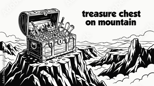 treasure chest containing gold coins antique jewelry and valuable artifacts positioned on mountain peak symbolizing wealth luxury discovery adventure mystery and hidden fortune