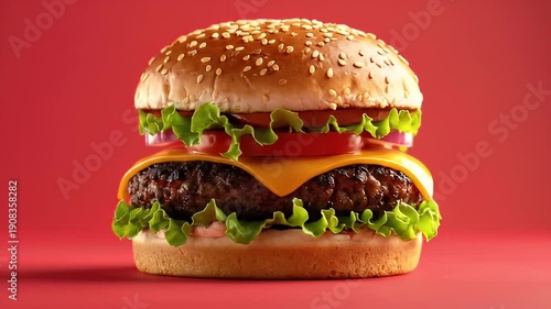 Three Juicy Cheeseburger Frames on Red Background.