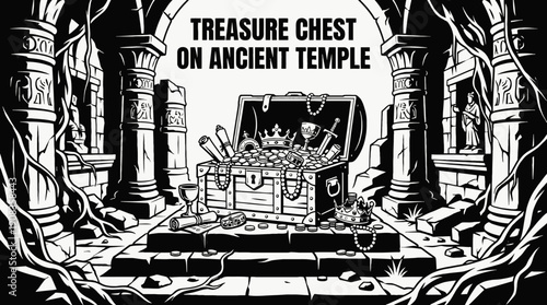 treasure chest filled with gold coins antique jewelry and historic artifacts discovered inside ancient temple ruins expressing wealth luxury adventure mystery and forgotten fortune