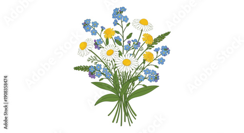 A vibrant illustration depicts a bouquet of wildflowers including forget me nots daisies and yellow blossoms tied together high quality