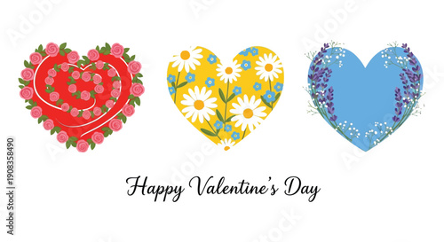 Three vibrant heart shaped floral arrangements red yellow and blue accompany a valentine s day greeting high quality