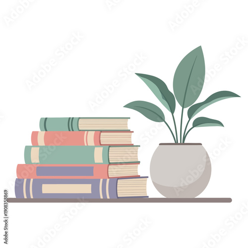 Stack of books and potted plant on a shelf, minimalist illustration