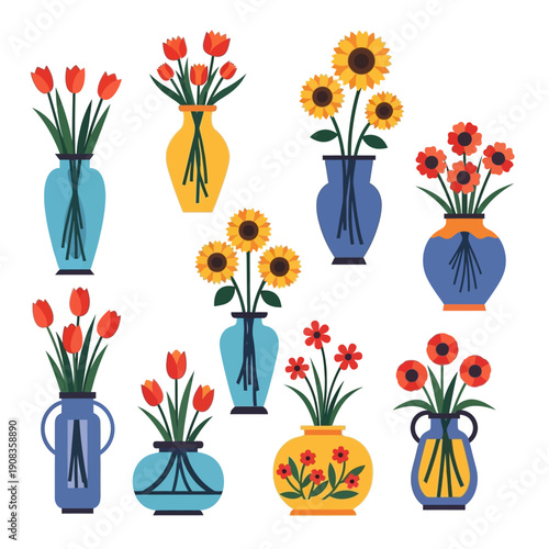 Vibrant Flower Arrangements in Decorative Vases: Tulips, Sunflowers, Poppies