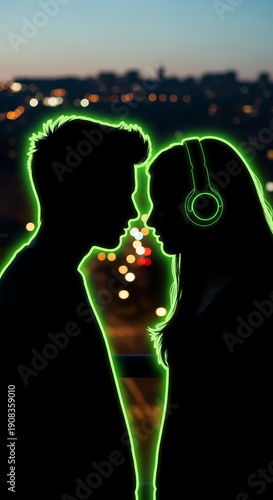 Neon Love Connection: Couple Silhouettes with Glowing Headphones Against City Night