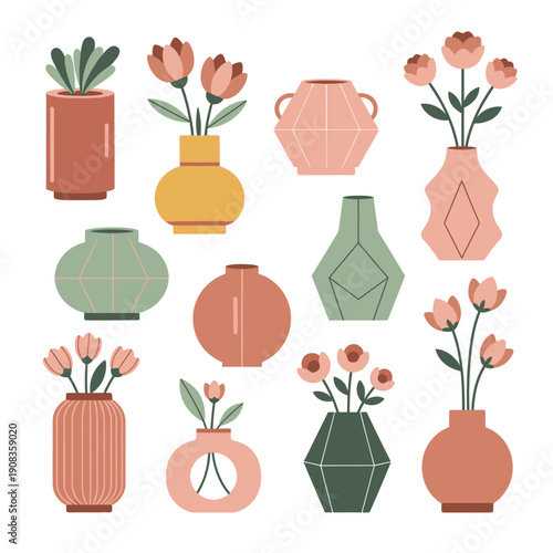 Set of Decorative Vases with Flowers, Modern Ceramic Pots Collection