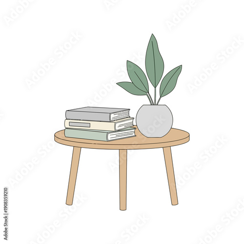 Cozy Reading Nook: Stack of Books and Potted Plant on a Round Wooden Table