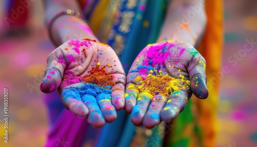 Vibrant hands holding colorful powders, celebrating Holi festival with joy and tradition in every vibrant hue.
