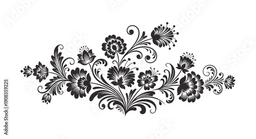 An elegant black and white floral arrangement displays swirling vines and detailed blossoms creating a decorative border