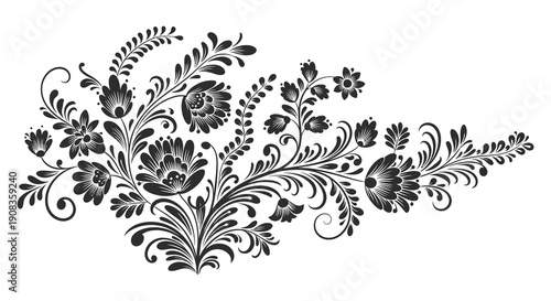 An elegant black and white floral arrangement featuring stylized blossoms swirling leaves and intricate detailing high quality professional