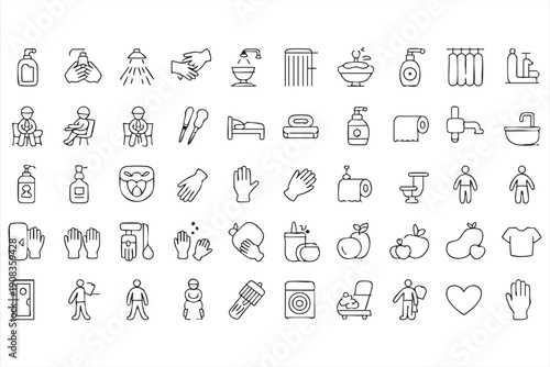 Hygiene and sanitation line icon collection, hand washing and bathroom safety