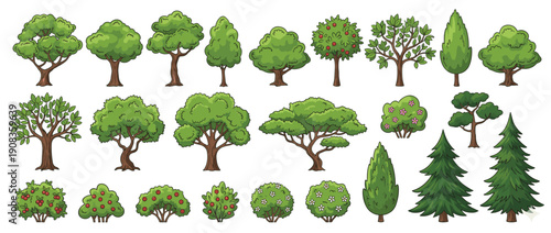 Vector set of cartoon green trees and bushes isolated on white background Nature forest plant collection for landscape design