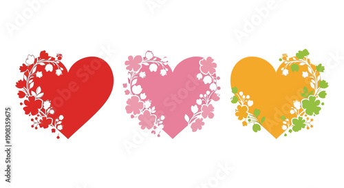 A vibrant row of four heart shaped illustrations each adorned with different floral embellishments and colors high quality professional