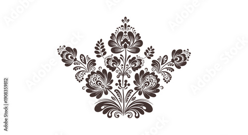 An intricate floral design in sepia tones depicts a symmetrical arrangement resembling stylized plants high quality professional detailed