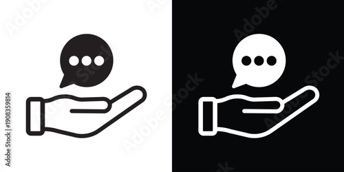 Graphic illustration of a hand offering a chat bubble with ellipsis. Represents customer support, live chat, feedback, and online communication. Clean line art style for web design.