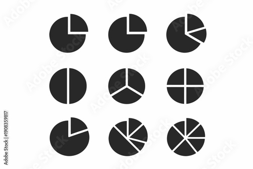 Black and white pie charts collection displaying various segments and divisions