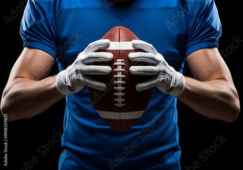 American football player in blue jersey grasping brown leather football with white gloves against dark background, showcasing strength and athletic prowess in dramatic, high-contrast, close-