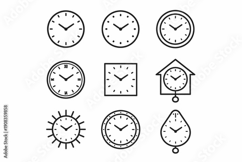 Variety of clock designs in simple black outline
