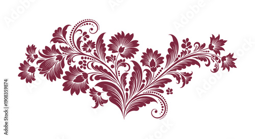 An ornate symmetrical floral arrangement in a deep burgundy hue featuring swirling leaves and stylized blossoms high quality