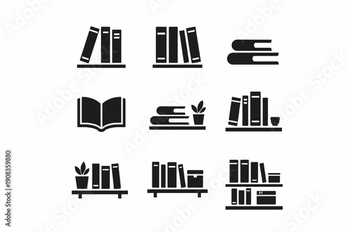 Variety of bookshelf and book icons collection