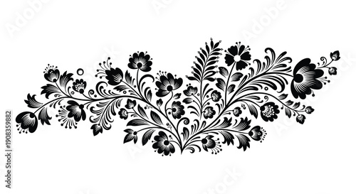 An intricate black and white floral design showcases swirling vines and blossoming flowers evoking traditional artistry high quality