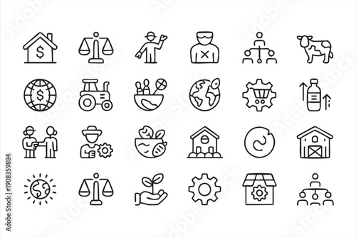 Rural development outline icons, supply chain and market