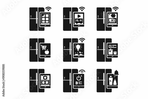 Smart fridge icons with app integration for home automation and connectivity