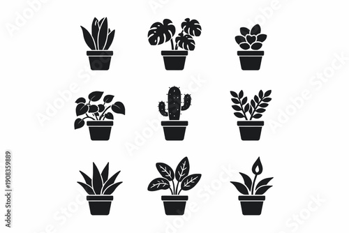 Set of nine black silhouette potted houseplants on white background