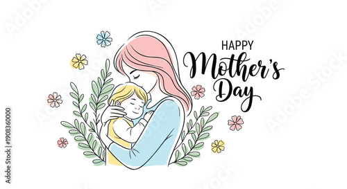 Mother's Day vector illustration, mother and child hug, floral wreath, Happy Mother's Day text, for greeting card or poster