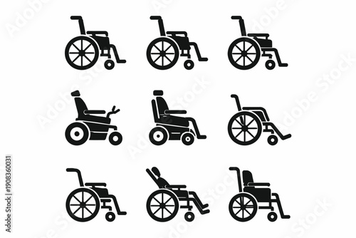 Diverse wheelchair and mobility scooter icons in black silhouettes
