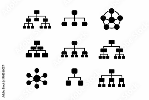 Set of nine diverse diagram icons for connection and organization visualization
