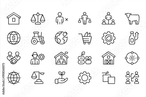 Farming community line icons, partnership and support