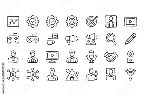 Digital promotion thin line symbols, media and growth