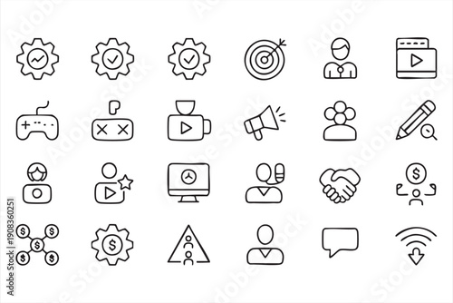 Business marketing line icon collection, target audience and advertising