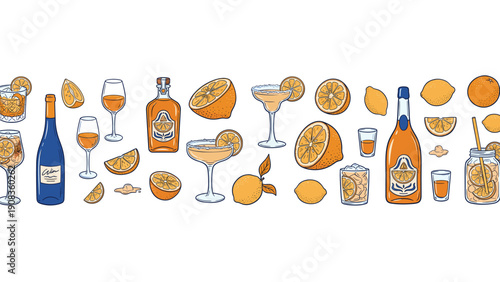 Vector set of hand drawn citrus orange cocktails and alcohol bottles isolated on white background Summer fresh fruit drink illustration for bar menu