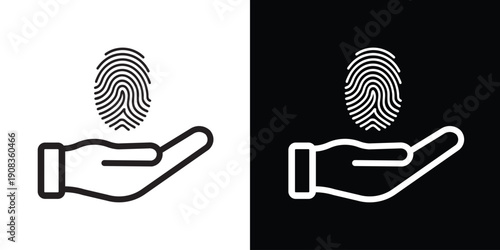 Hand holding a fingerprint scan icon. Digital identity, biometric security, data protection, and privacy concept. Minimalist line art for technology and cybersecurity themes.
