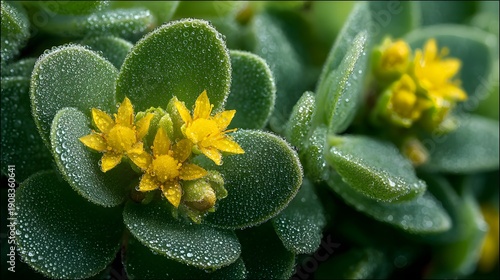 Close-up Macro Shot of a Succulent Plant with Tiny Yellow Flowers and Water Droplets.