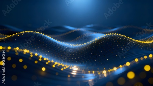 Abstract digital wave pattern with glowing yellow particles on a dark blue background