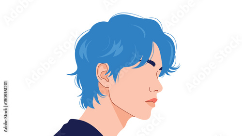 Side view portrait of a young person with stylish short blue hair against a clean white background in modern flat illustration style.
