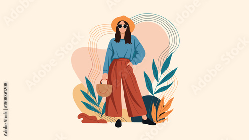 Stylish woman in a hat and sunglasses posing with a handbag against an abstract background of plants and geometric shapes.