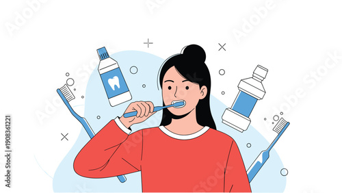 Young woman wearing a red sweater brushing her teeth with dental hygiene products like toothpaste and mouthwash floating in the background.