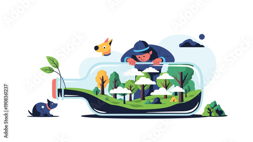 Curious woman looking into a glass bottle containing a miniature forest ecosystem to represent nature conservation and ecology.