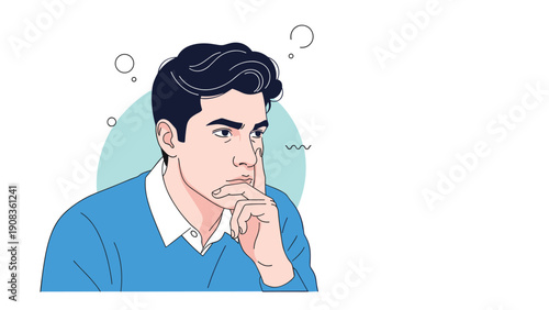 Young man in a blue sweater looking away thoughtfully with his hand on his chin against a soft blue circle in minimalist style.