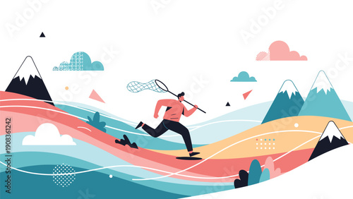 Energetic man running across a colorful hilly landscape with a butterfly net to symbolize chasing dreams and achieving goals.