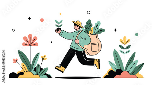 Happy gardener carrying a bag of plants and holding a small seedling while walking through a field of colorful flowers.